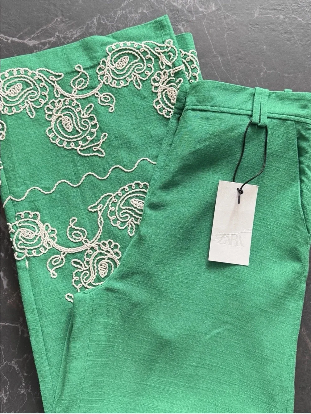NWT! Zara Emerald Green Embroidered Wide Leg Linen Blend Trousers Pants - Size S